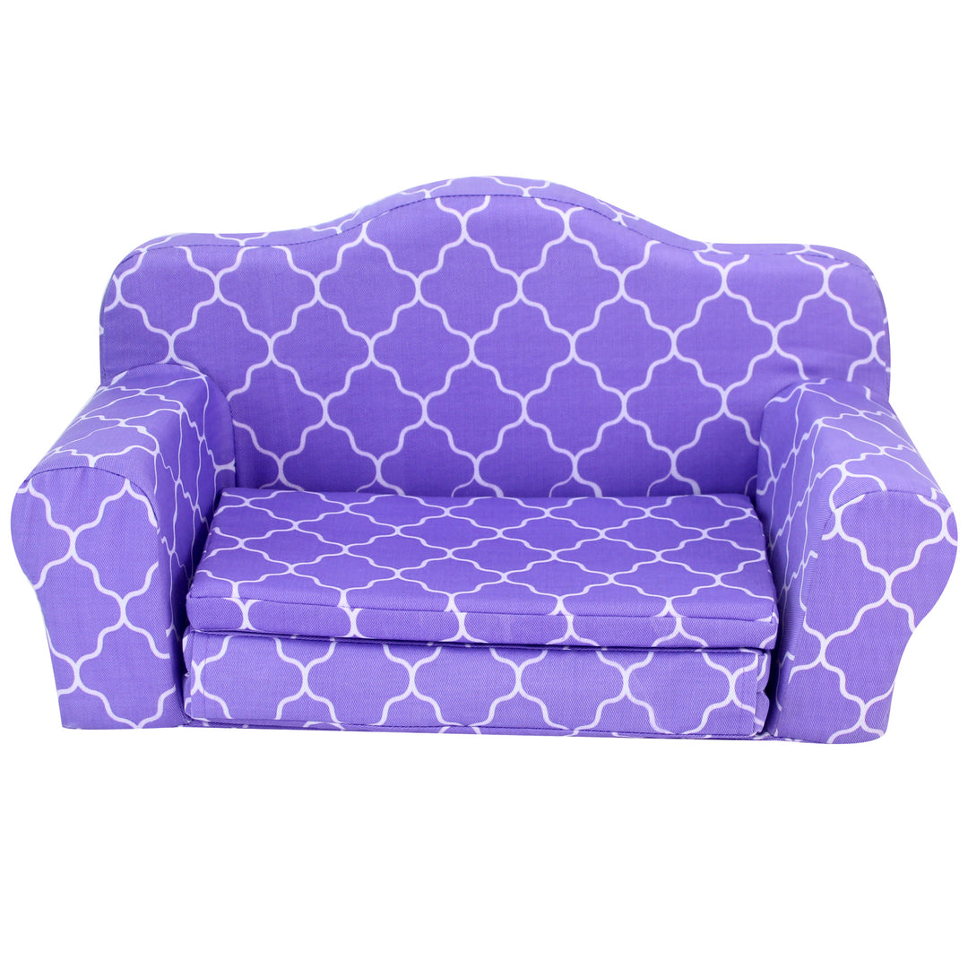 A Sophia’s Plush Pull Out Couch/Double Bed Sized for 18" Dolls, Purple and white patterned sofa bed.