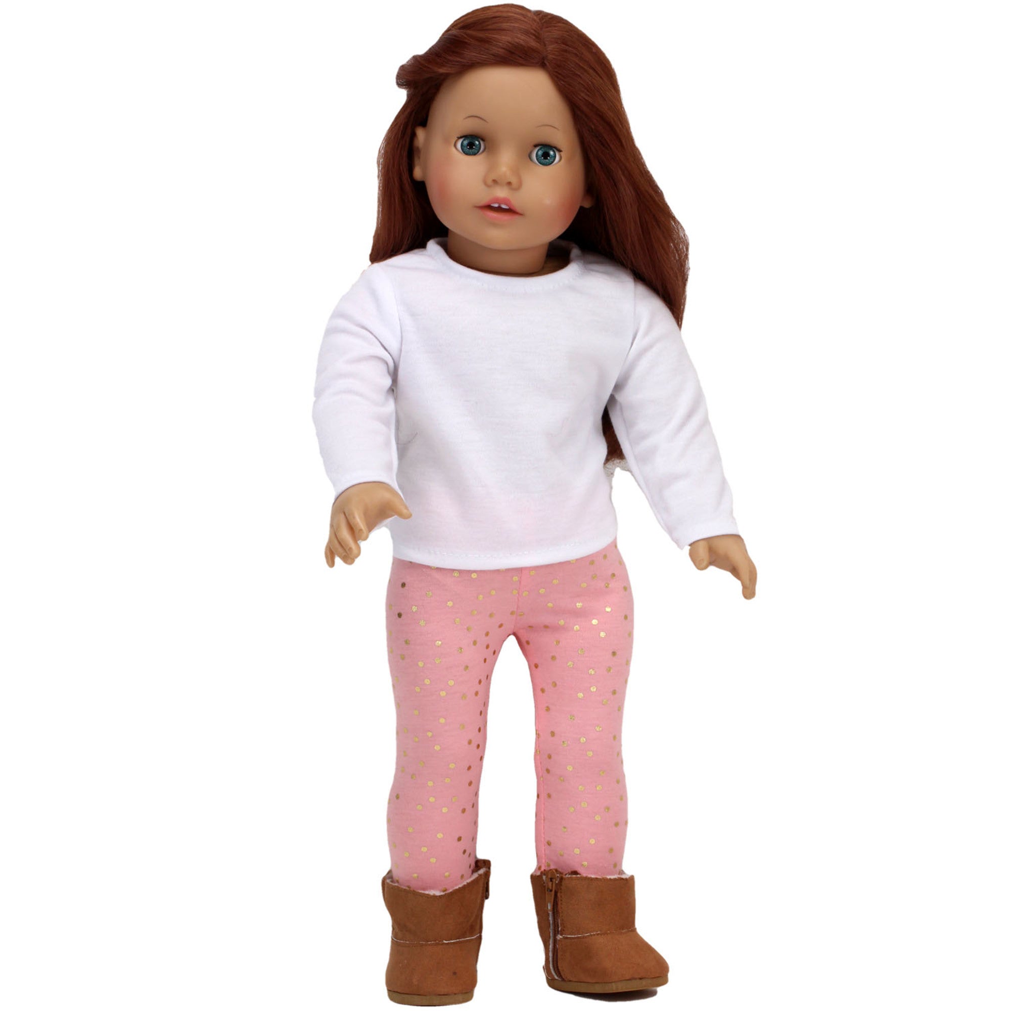 Sophia’s Metallic Zip-Up Vest, Peach Leggings with Gold Polka Dots, & White Long-Sleeved T-Shirt Complete Outfit Set for 18” Dolls, Gold