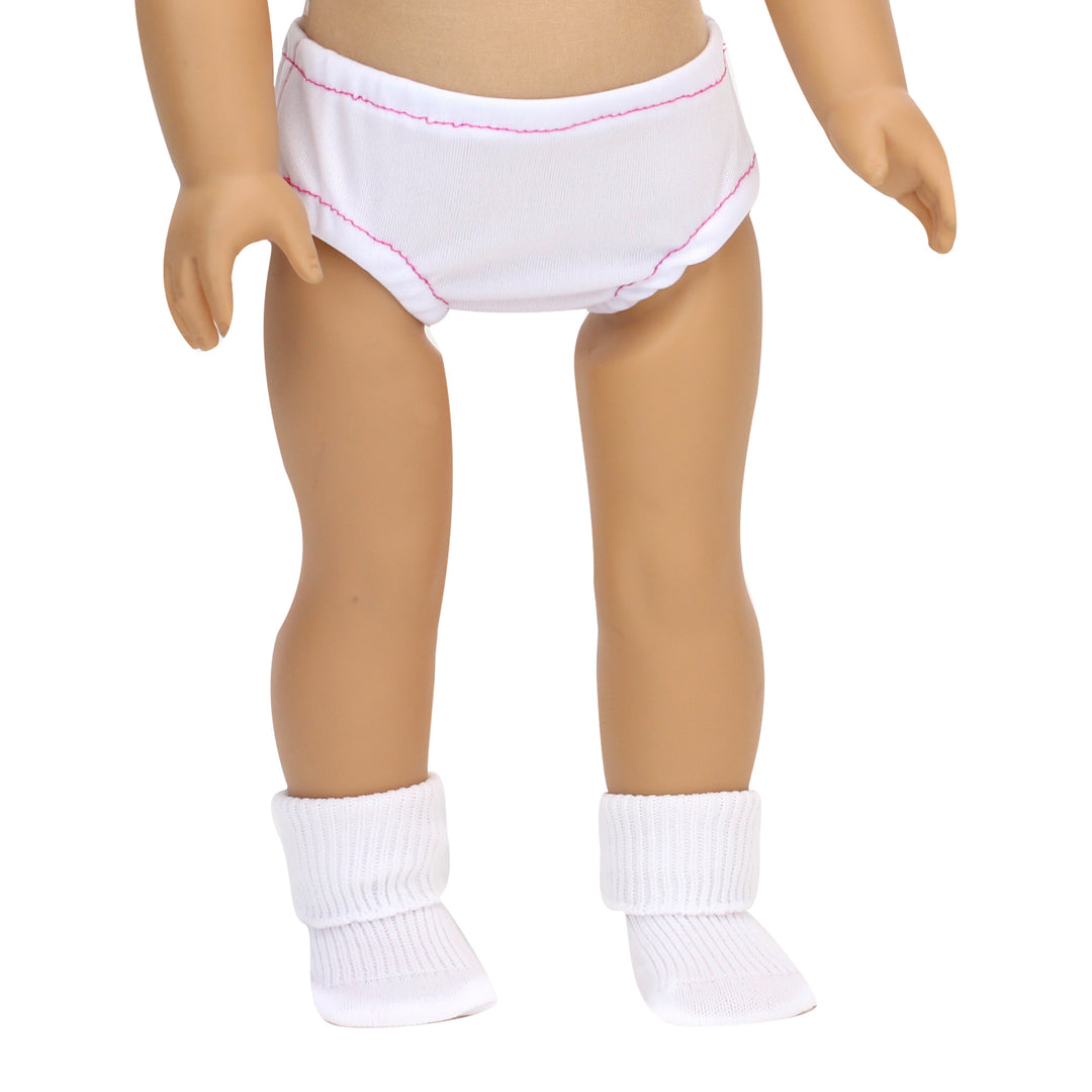 Close-up of the lower half of an 18" doll with the white panities and white socks on the doll.