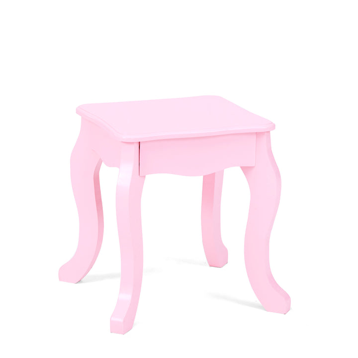 A pink stool with cabriole legs.