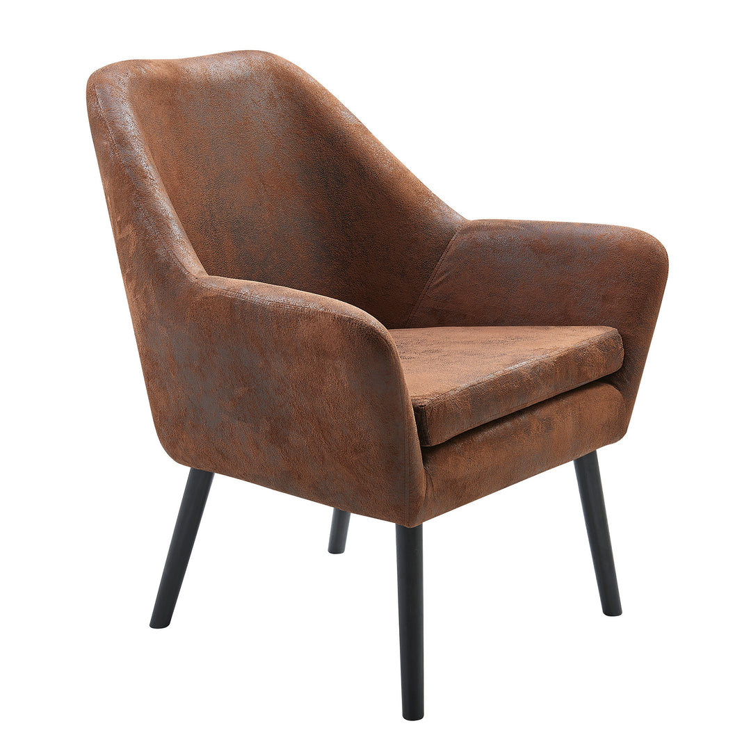 A comfortable Teamson Home Divano Armchair with Aged Fabric and Solid Wood Legs, Brown.