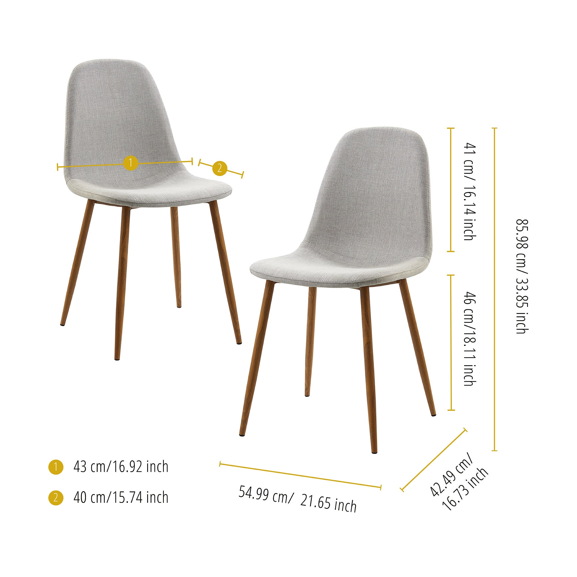 Teamson Home Minimalista Fabric Dining Chair with Wood Grain Metal Legs, Set of 2, Light Gray/Natural