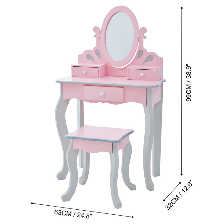 The dimensions in inches and centimeters of a Vanity Playset with a mirror and stool.