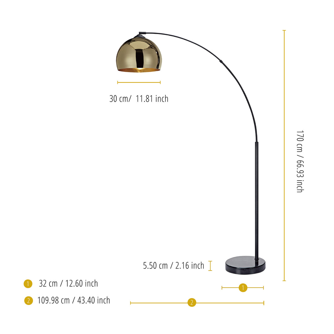 A Teamson Home Arquer Arc Metal Floor Lamp with Bell Shade, Gold with a marble base and measurements.