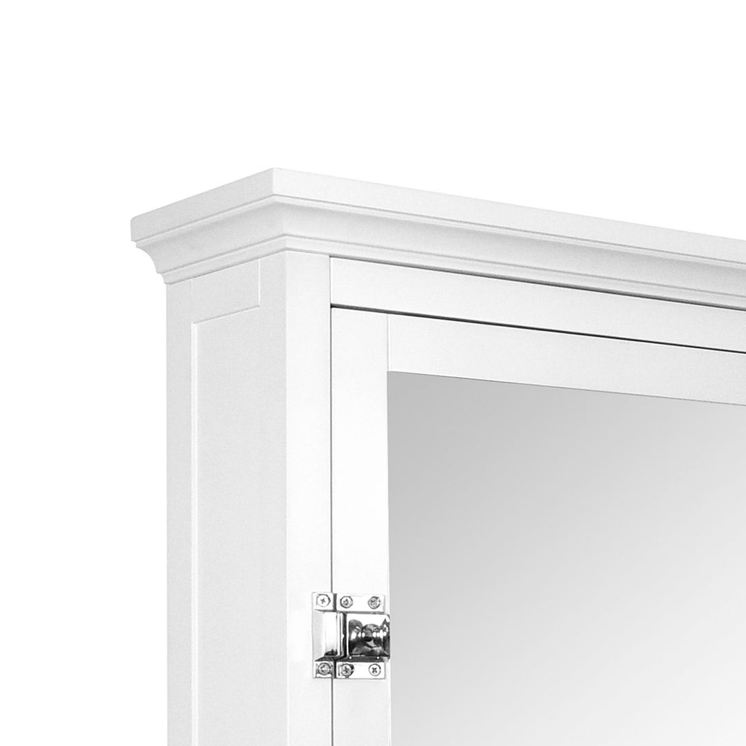 A close-up of the crown molding on the White Teamson Home Madison Removable Mirrored Medicine Cabinet 