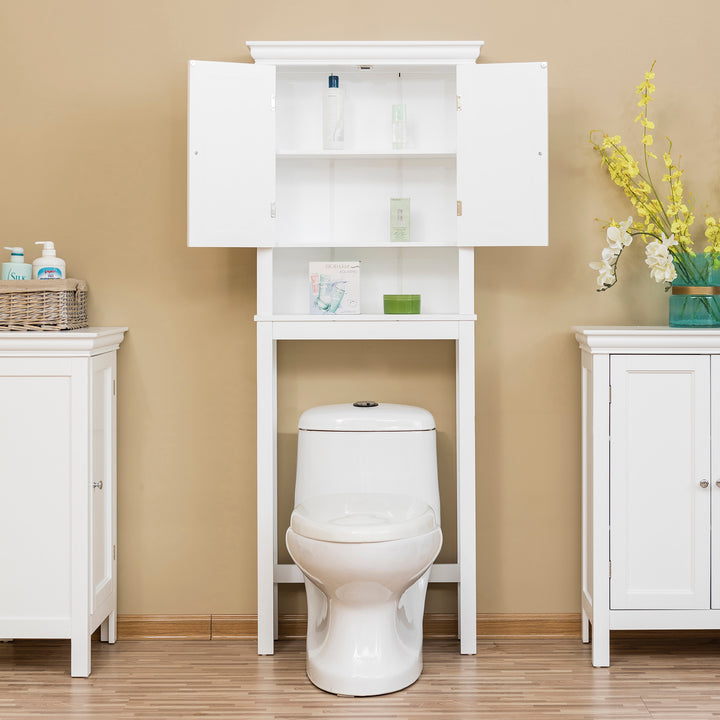 A White Teamson Home Stratford Over-the-Toilet Cabinet with an Open Shelf with the doors open revealing some toiletries