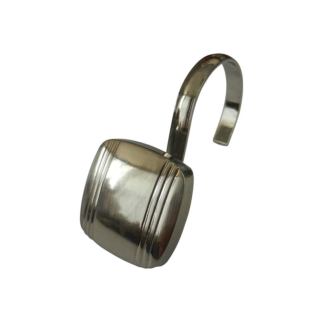 Satin nickel shower hook with a rounded square decorative accent
