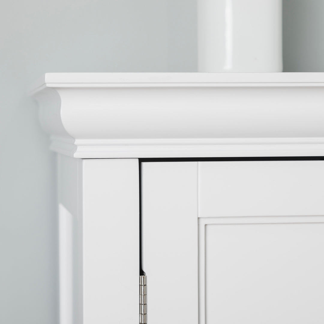 The top of the White Teamson Home Stratford Floor Cabinet with crown molding detail