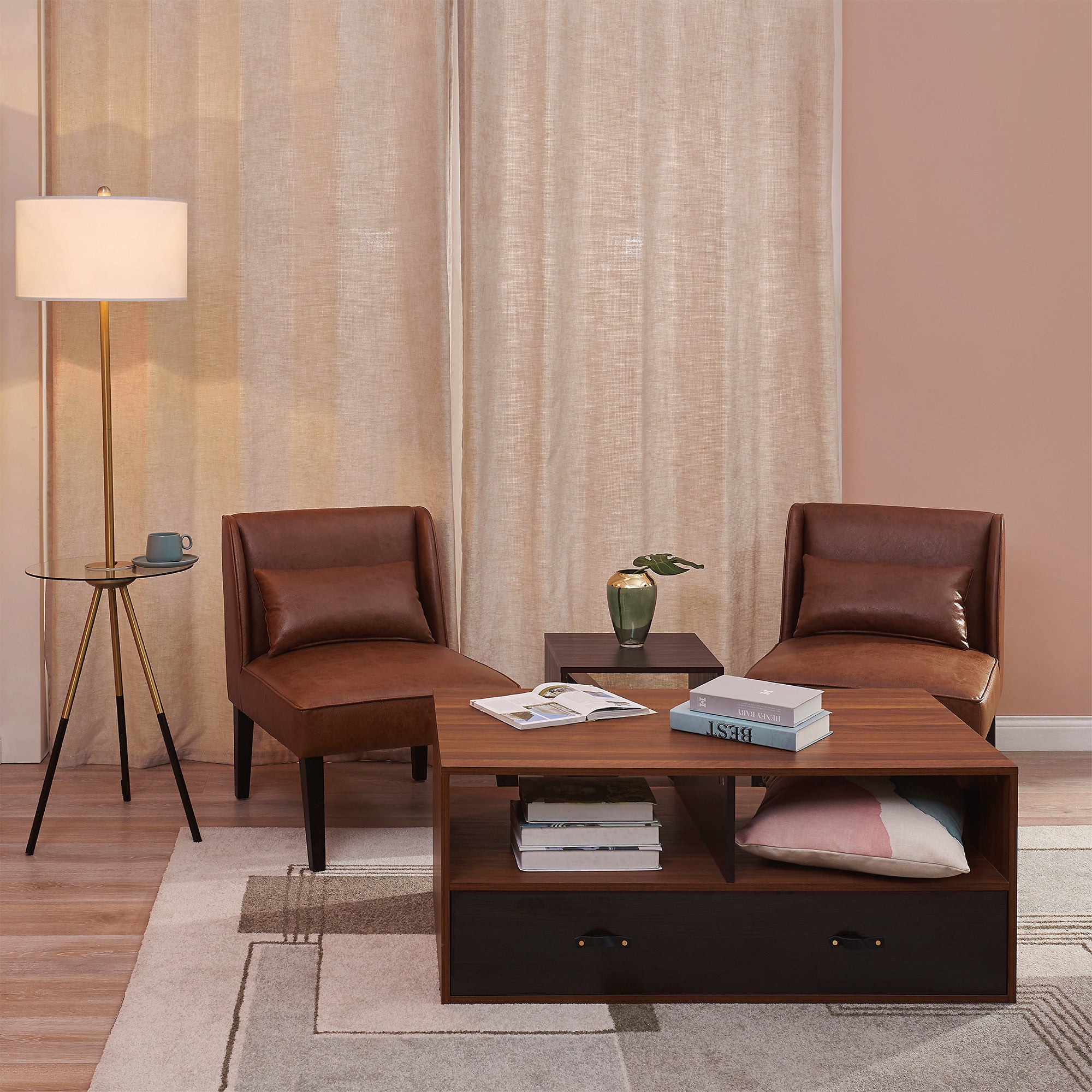Teamson Home Marc Faux Leather Lounge Chair with Pillow and Solid Wood Legs, Brown