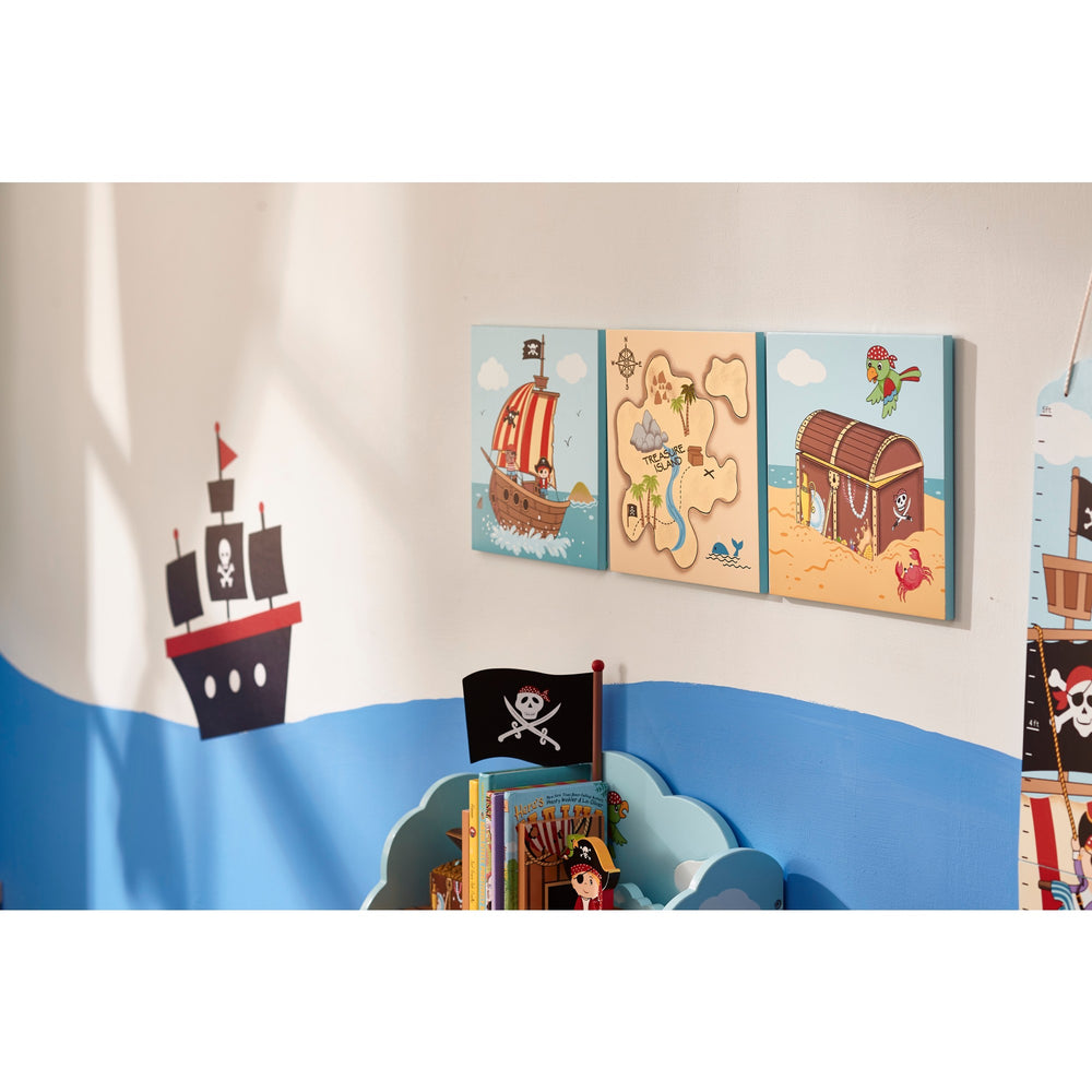 A photo of the three wall hangings displayed in a pirate-themed bedroom.