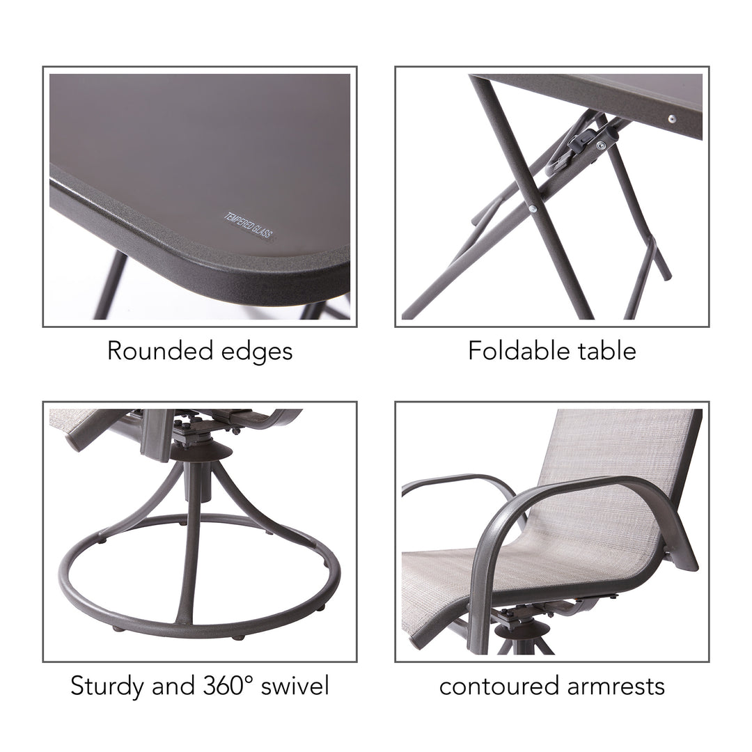 Callouts for the Teamson Home Outdoor 3-Piece Swivel Chairs and Table, Tan include rounded edges on the table, foldable table for easy storage, sturdy 360-degree swivel base, and contoured armrests on the chairs