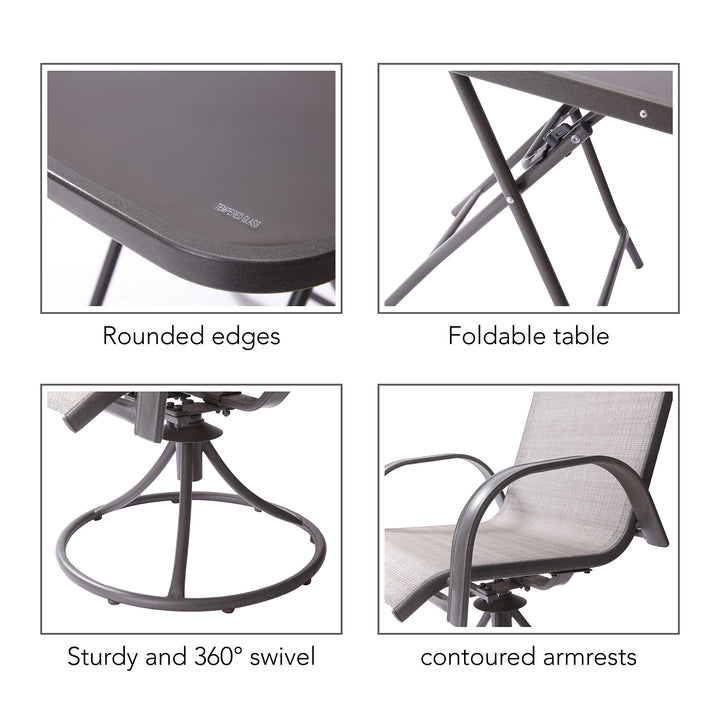 Callouts for the Teamson Home Outdoor 3-Piece Swivel Chairs and Table, Tan include rounded edges on the table, foldable table for easy storage, sturdy 360-degree swivel base, and contoured armrests on the chairs