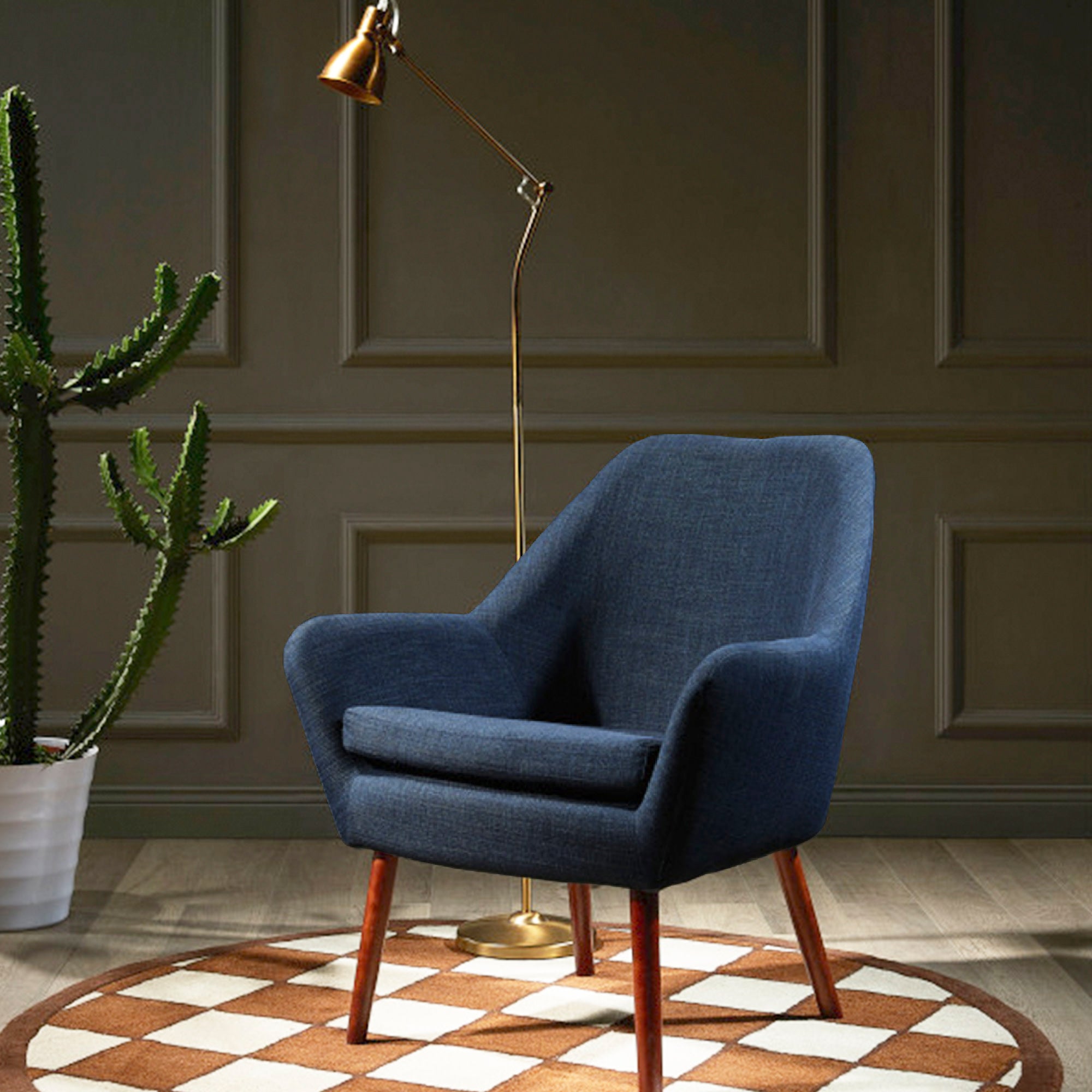 Teamson Home Divano Mid-Century Modern Armchair with Solid Wood Legs, Navy/Honey Oak