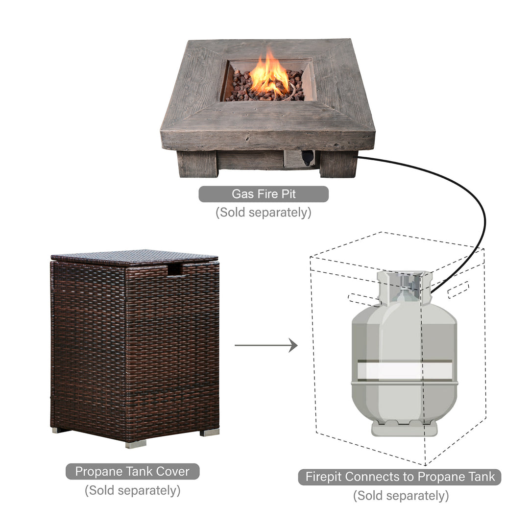 A suggested outdoor set-up featuring a gas fire pit (not included) and a propane tank that would fit inside a PE rattan tank cover