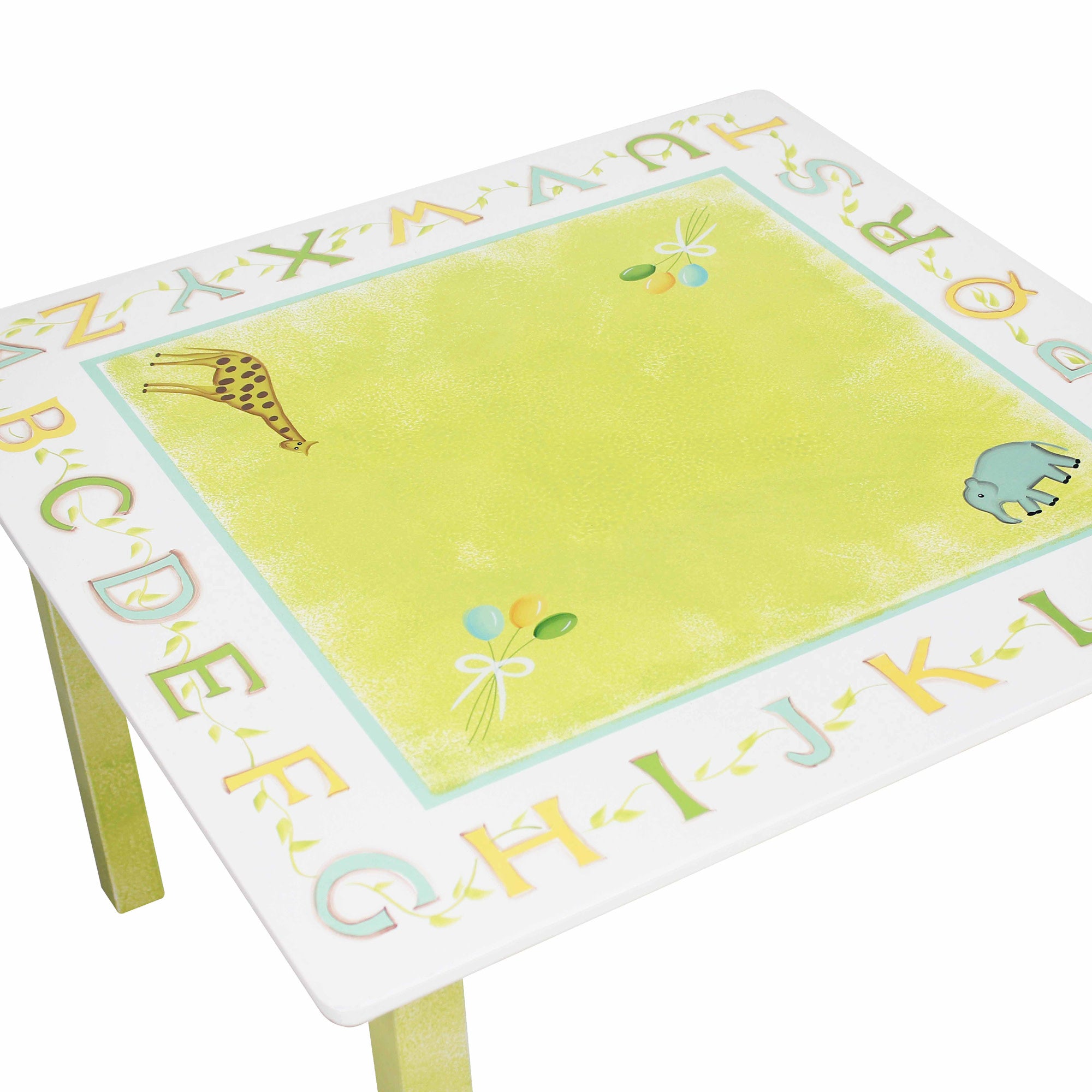 Fantasy Fields Toy Furniture Alphabet Table with Hand-Painted ABC Border, Giraffe, Elephant, & Striped Apron for Boys & Girls, White/Green