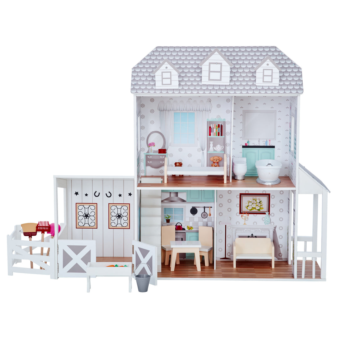 A view of the fully-illustrated two-story dollhouse with a bedroom, bathroom, kitchen, sofa, and stable with accessories.