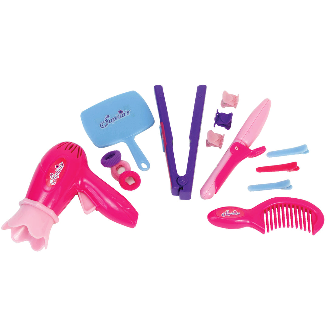 Accesdories included: hair dryer, 3 pony tail holder, a hand mirror, a flat iron, 3 clips, a curling iron, 3 barrettes, and a comb in pink, blue and purple.