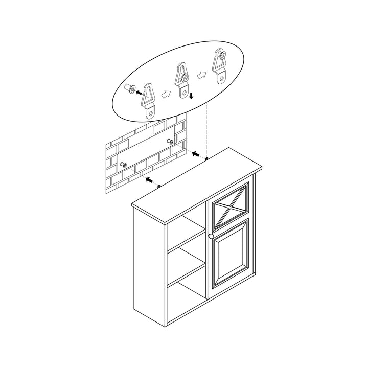 Isometric line drawing illustrating the installation of a Teamson Home Dawson Removable Wooden Wall Cabinet with Cross Molding