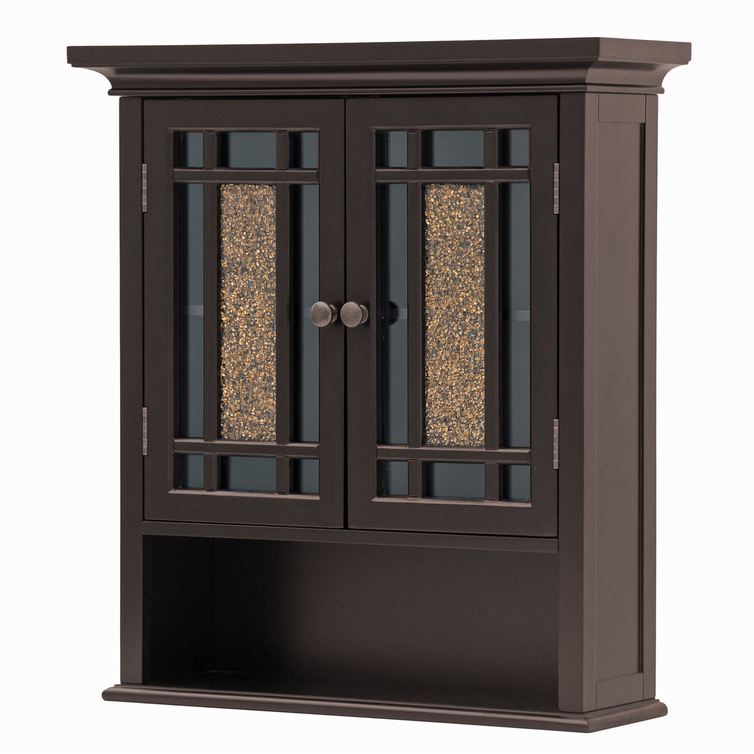 A side angle of the Teamson Home Dark Espresso Windsor Removable Wall Cabinet with Glass Mosaic Doors