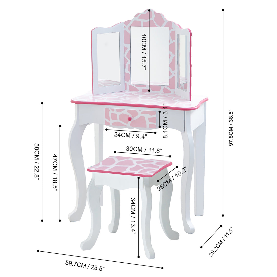 A Fantasy Fields Gisele Giraffe Prints Play Vanity Set in pink/white with a mirror and stool.