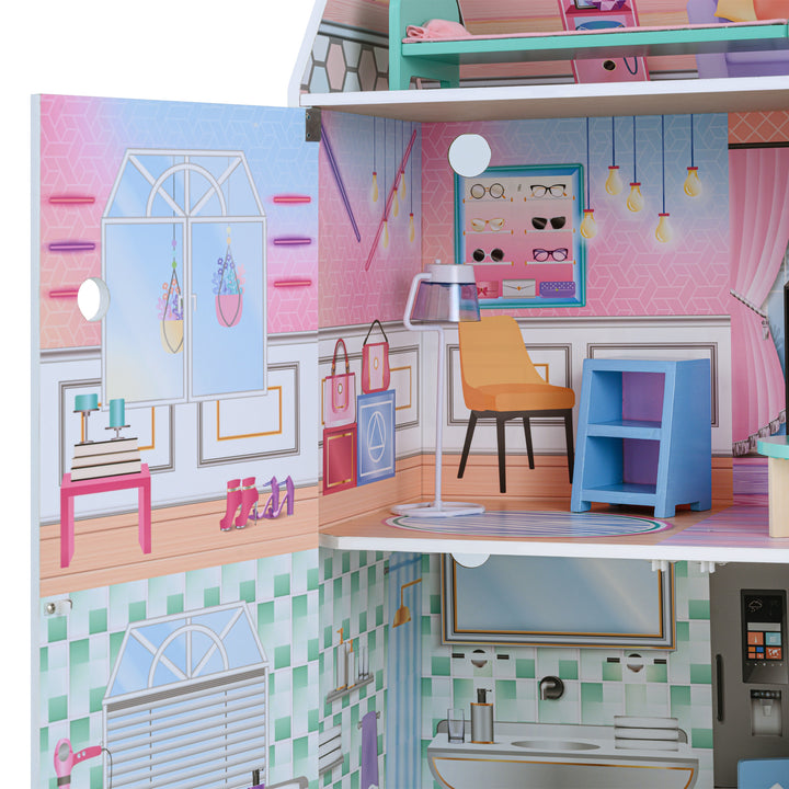 A close up of a floor lamp that turns on and off in a fully-illustrated dollhouse.