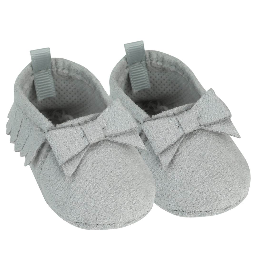 Sophia’s Small Adorable Mix & Match Suede Slip-On Moccasin Shoes with Fringe Details and Bows for 15” Baby Dolls, Gray