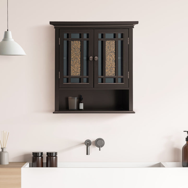 A modern bathroom with a Teamson Home Dark Espresso Windsor Removable Wall Cabinet with Glass Mosaic Doors and minimalist decor.