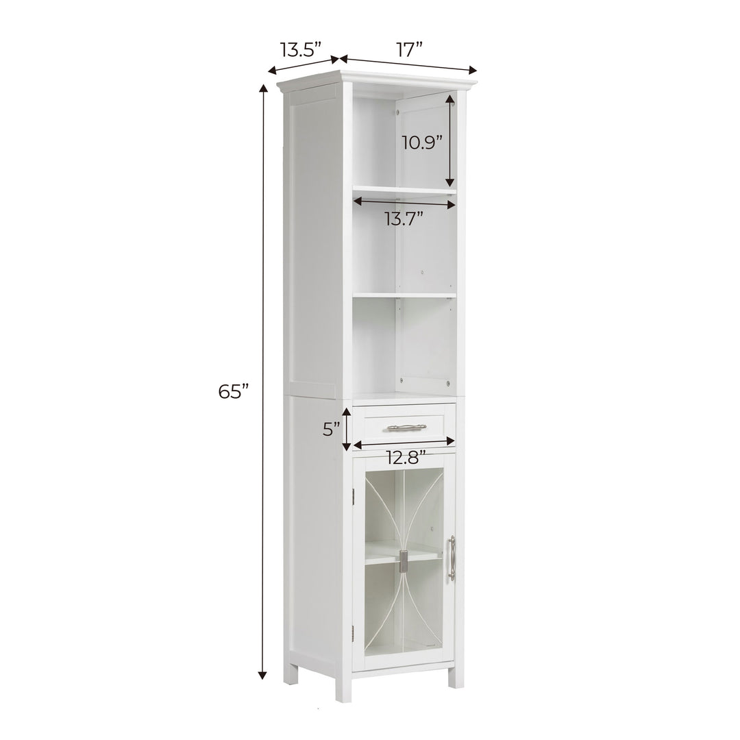 Detailed dimensions in inches and centimeters of a White Teamson Home Delaney Freestanding Linen Tower with Mixed Storage