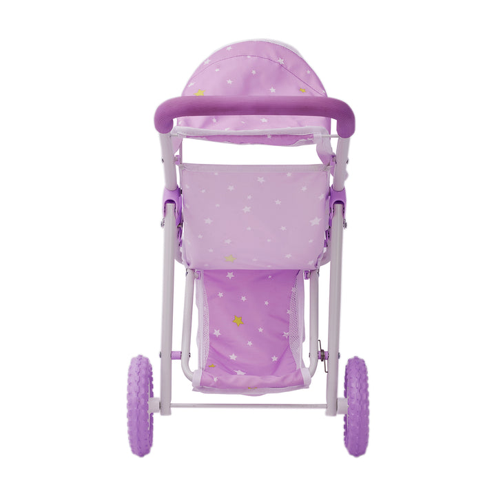 Back view (from the pushers POV) of  a purple with white stars baby doll jogging stroller with purple wheels and a white frame.