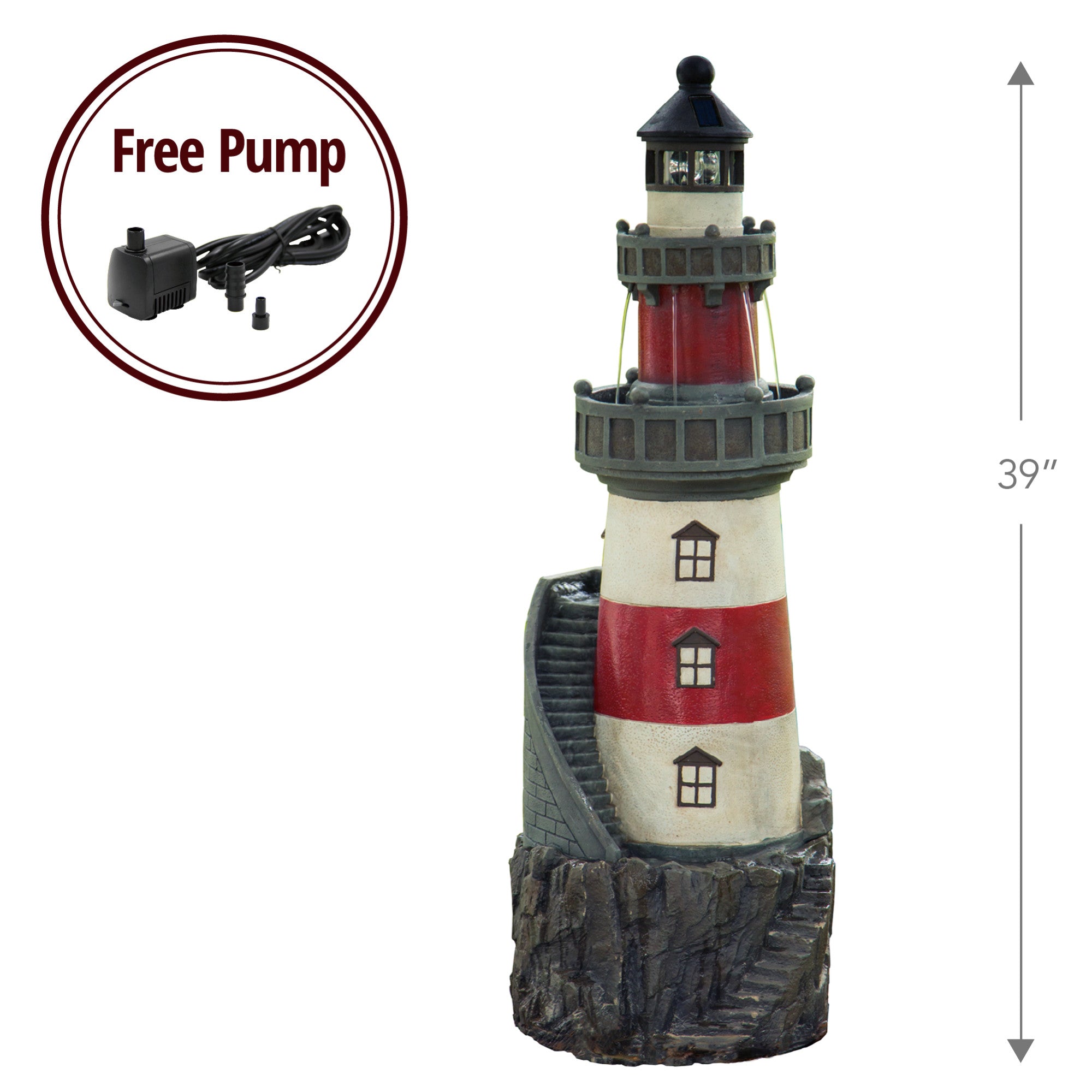 Teamson Home Outdoor Solar Light House Fountain with Rotating LED Light, Red/White