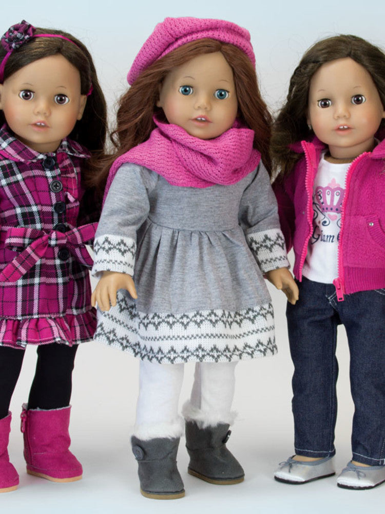 3 dark haired 18" dolls dressed in three ensembles highlighted by pink accents.