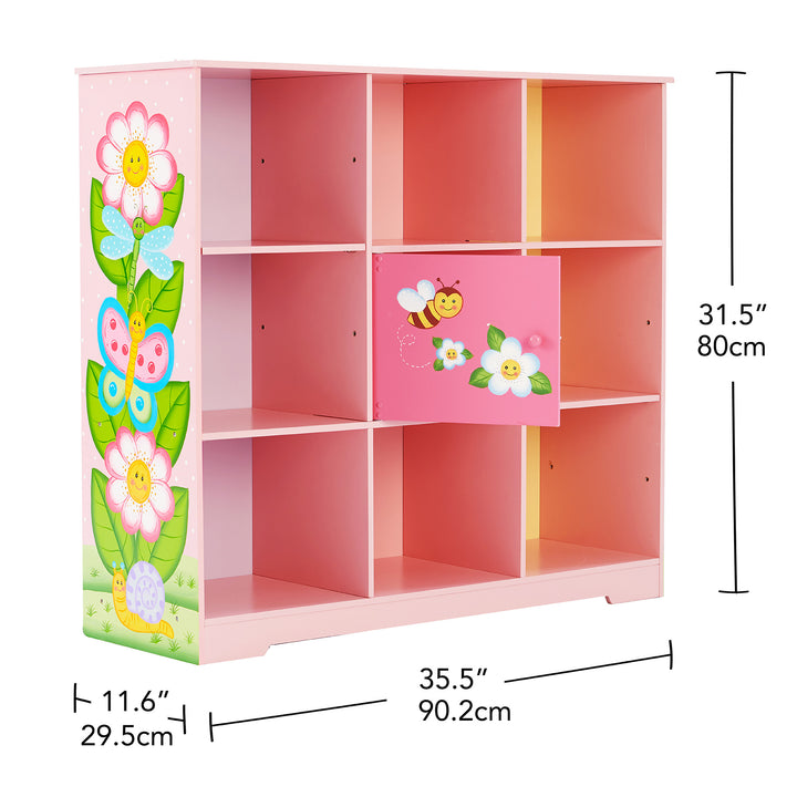 A Fantasy Fields Kids Painted Wooden Magic Garden Adjustable Cube Bookshelf, Pink with dimensions in inches and centimeters.