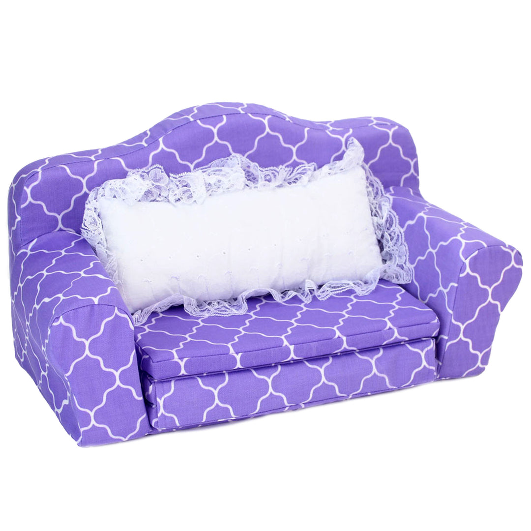 A Sophia’s Plush Pull Out Couch/Double Bed Sized for 18" Dolls, Purple with a pillow on it, perfect for playtime and dolls.