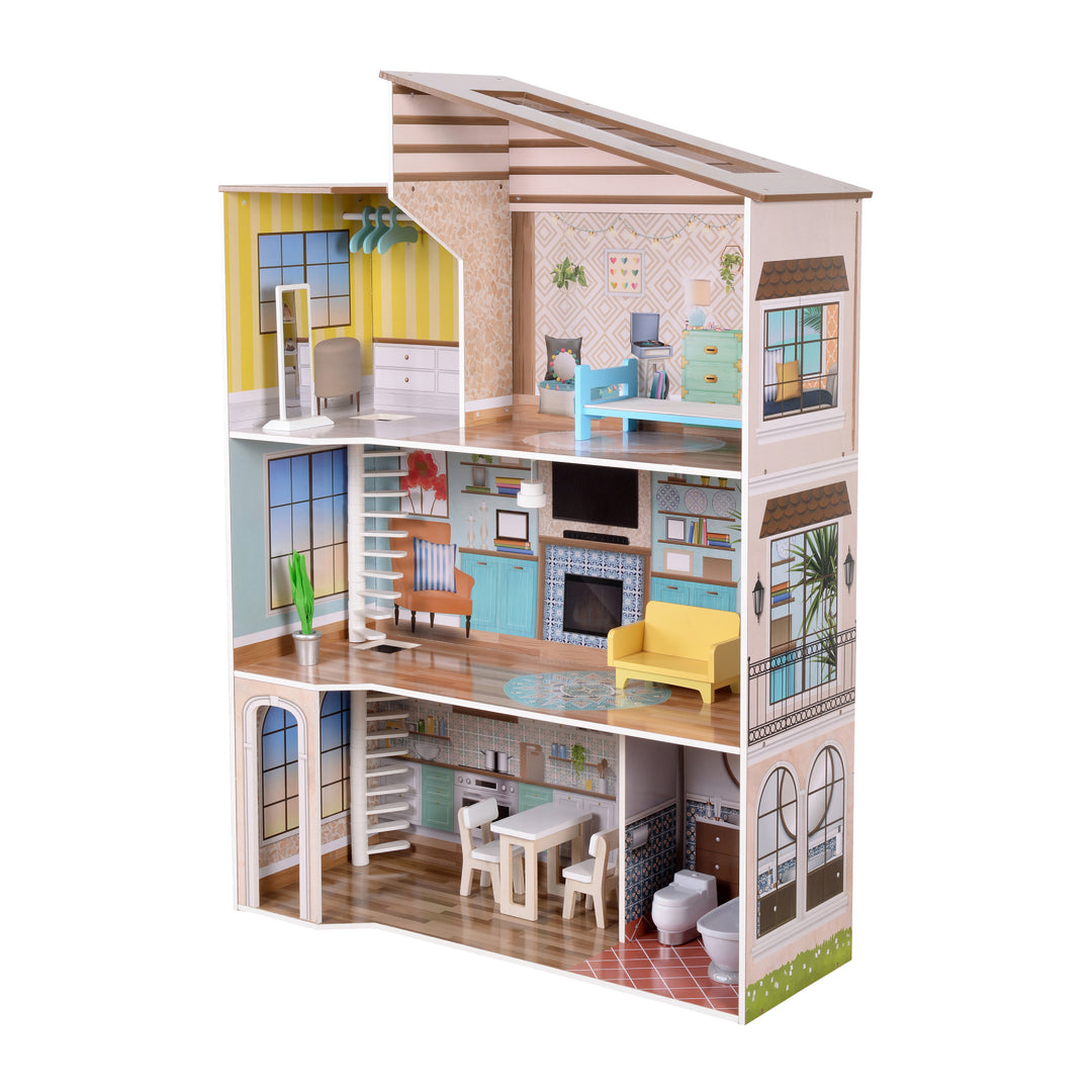 Olivia's Little World Wooden Dreamland Mediterranean Dollhouse Set with a modern-style kitchen and living room, including accessories.