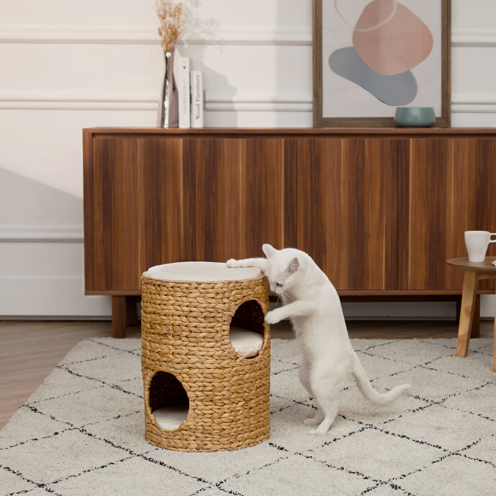 Teamson Pets Neith Wicker Seagrass 3-Tier Cat Bed Condo with Cushions, Tan/Cream