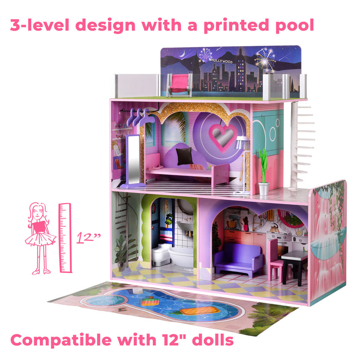 A side view of the beach house with a caption "3-level design with a printed pool" and "compatible with 12' dolls"
