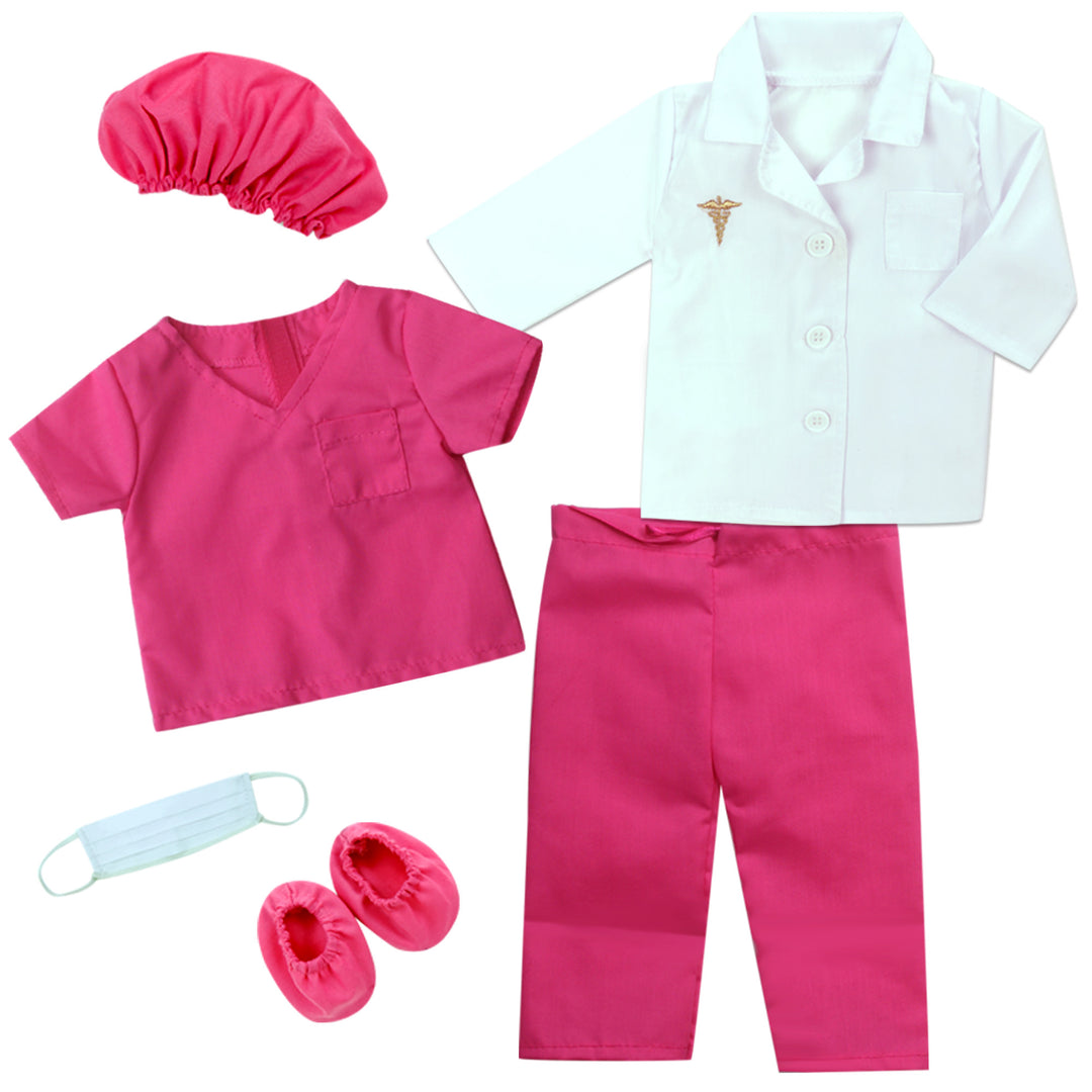 A set of pink surgical scrubs, cap, and shoe covers, a blue face mask, and a white lab coat for 18" dolls.