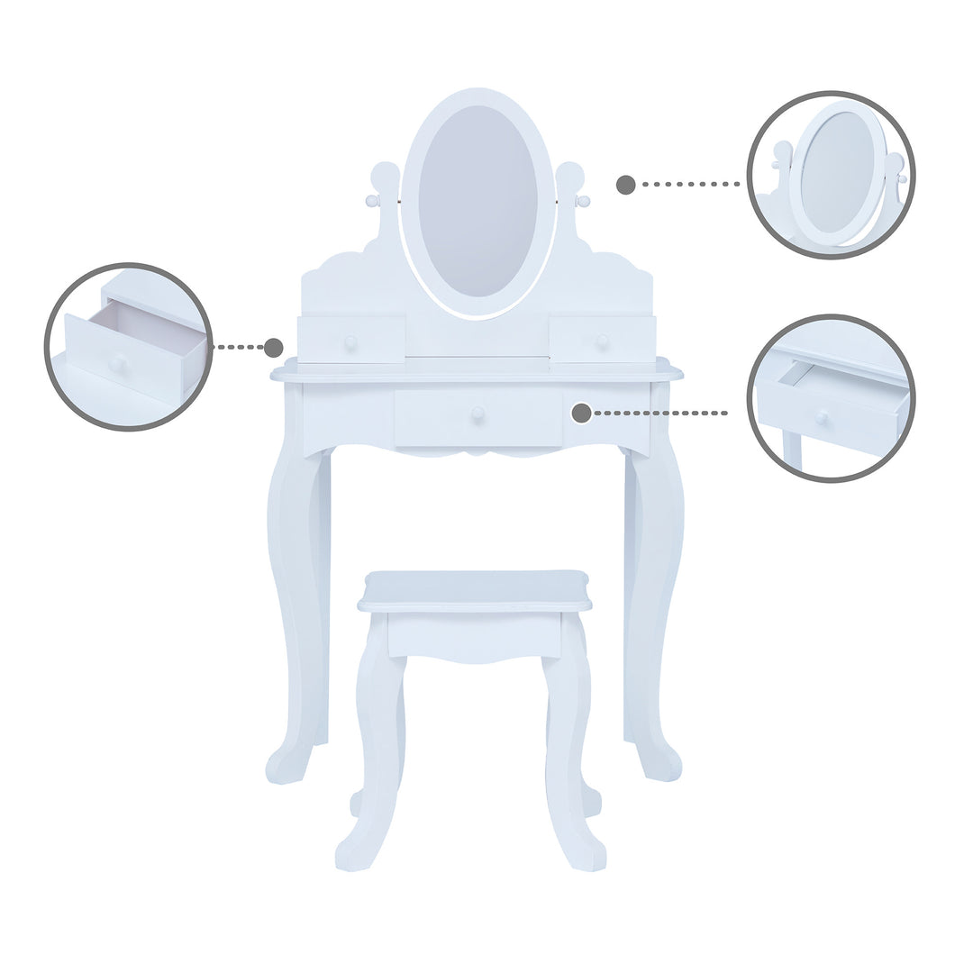 Callouts about the white vanity set include drawers on the table top, a fully revolving oval mirror, and a storage drawer in the middle of the table.