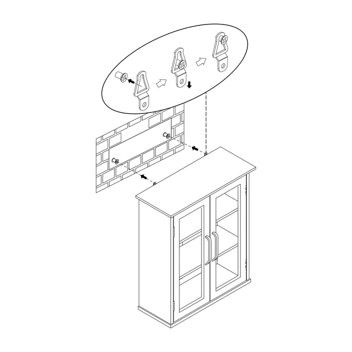 Isometric line drawing of a Teamson Home Avery Wooden 2 Door Wall Cabinet with Storage, Oiled Oak assembly with detailed accessory placements and adjustable shelves.