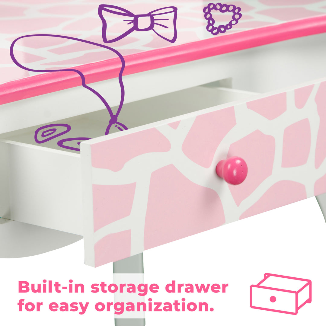 A pink Fantasy Fields Gisele Giraffe Prints illustration and callout for the storage drawer.