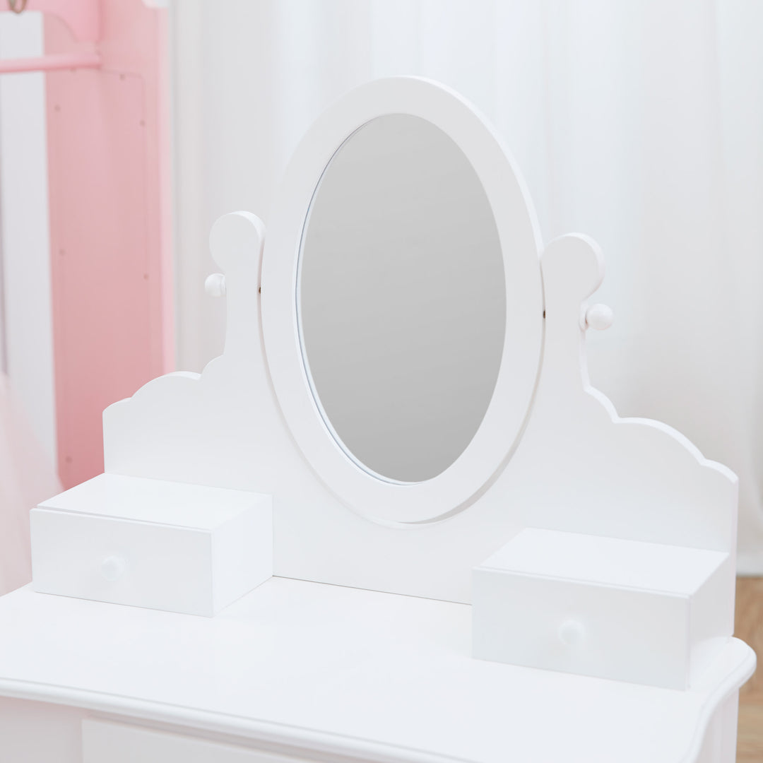 A white Fantasy Fields Little Princess Rapunzel Vanity with Mirror, Drawers and Stool.