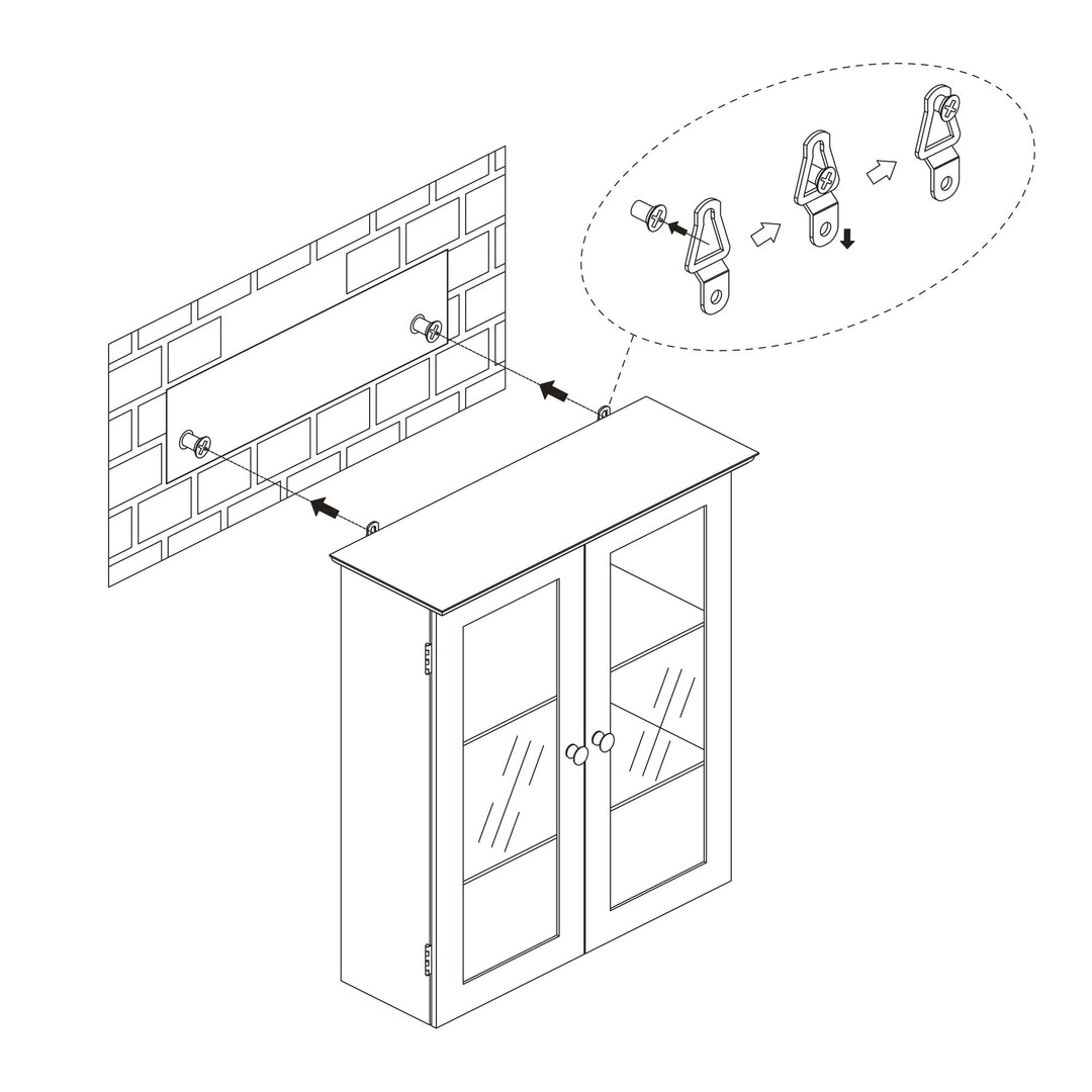 An isometric line drawing illustrating the installation of Teamson Home Chesterfield Removable Wooden Wall Cabinet with 2 Waffle Glass Doors, Espresso into a wall above a storage cabinet.
