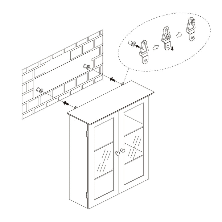 An isometric illustration depicting the installation of a Teamson Home Connor 2 Door Floor Cabinet with 3 Shelves, White above a storage cabinet, highlighting the placement of wall anchors and screws.