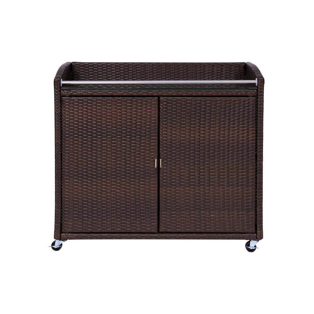 Teamson Home Veronica Portable Brown PE Rattan Outdoor Bar Cart with a view of the doors and locking wheels