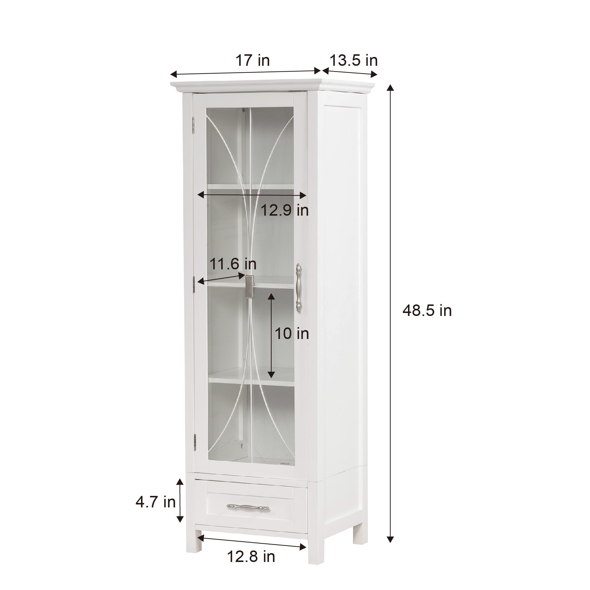 Teamson Home Delaney Free Standing Tall Slim Linen Storage Cabinet Tower with Glass Panel Door