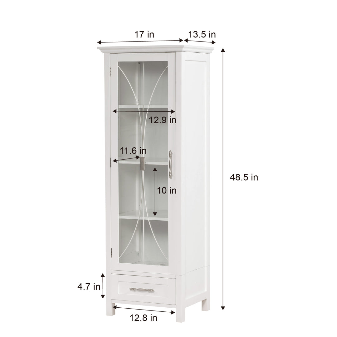 A White Teamson Home Delaney Free Standing Tall Linen Cabinet Tower with Glass Panel Door with a Storage Drawer with internal and external dimensions