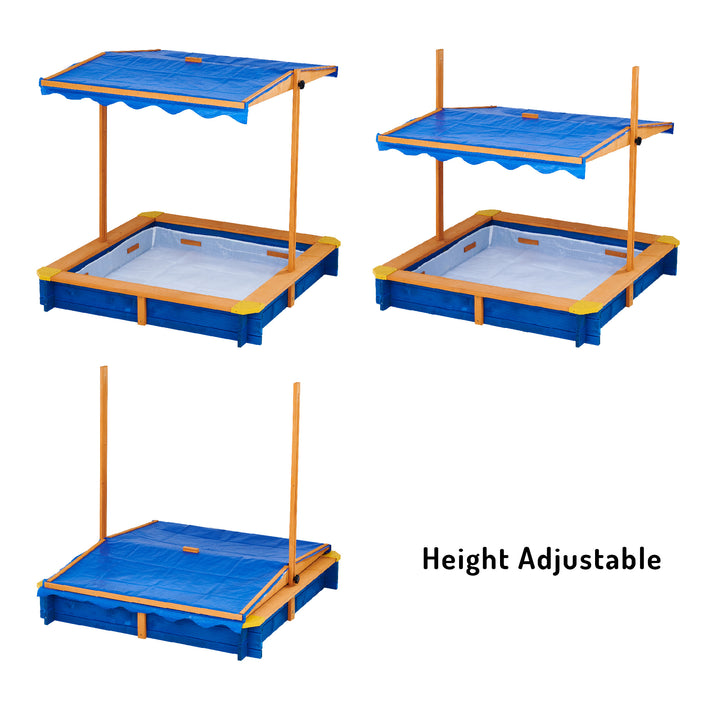 Teamson Kids 4' Square Solid Wood Sandbox with Rotatable Canopy Cover, Honey/Blue featuring how the canopy is adjustable and can come all the way down to cover the sandbox.