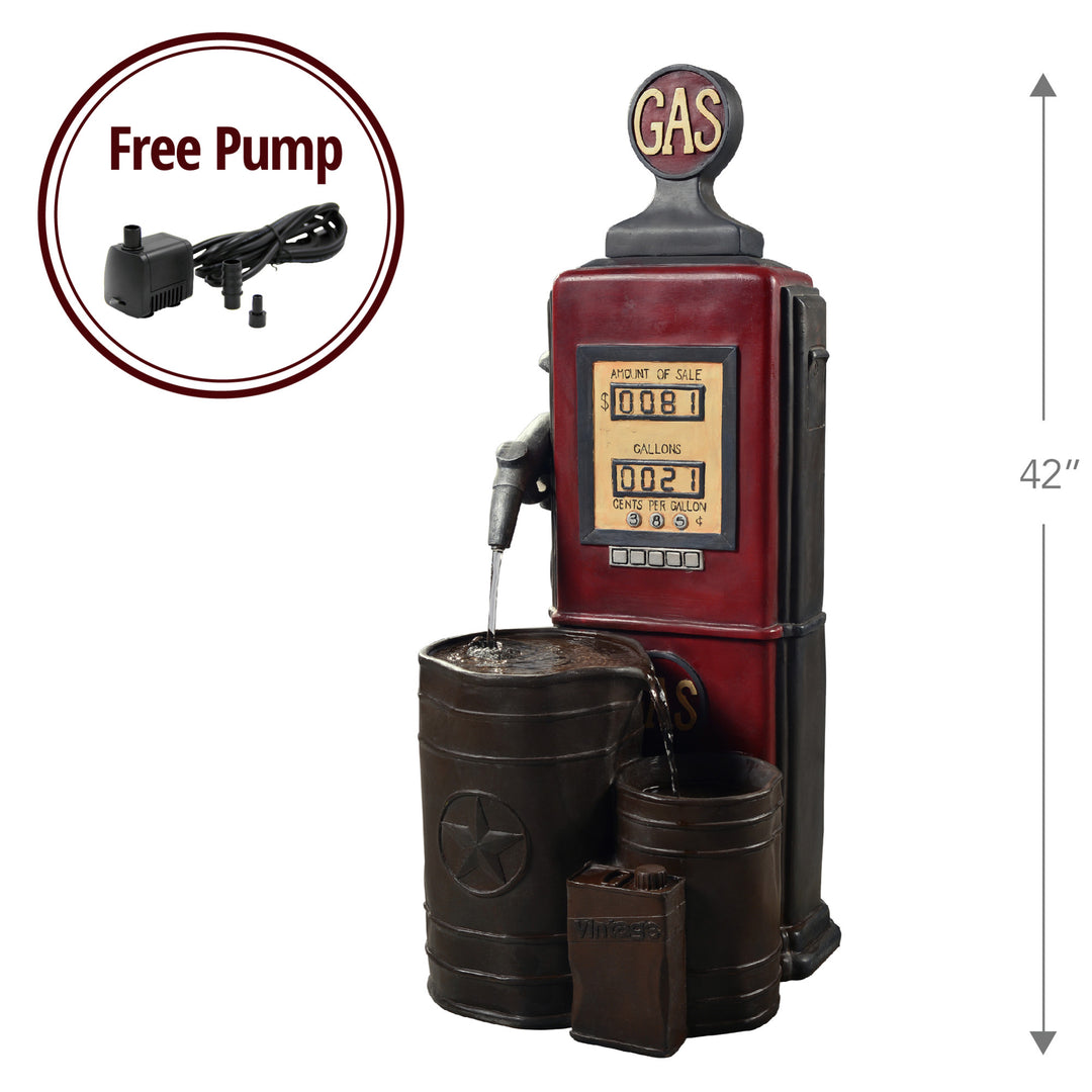 Teamson Home Outdoor Vintage Gas Pump water fountain with the height (42") listed and a call-out featuring the pump that is included