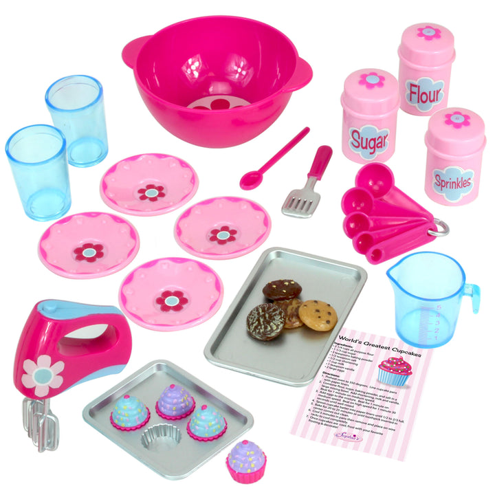 A pink kitchen set with utensils and Sophia’s Pretend Baking Accessories 26 Piece Set for 18" Dolls.