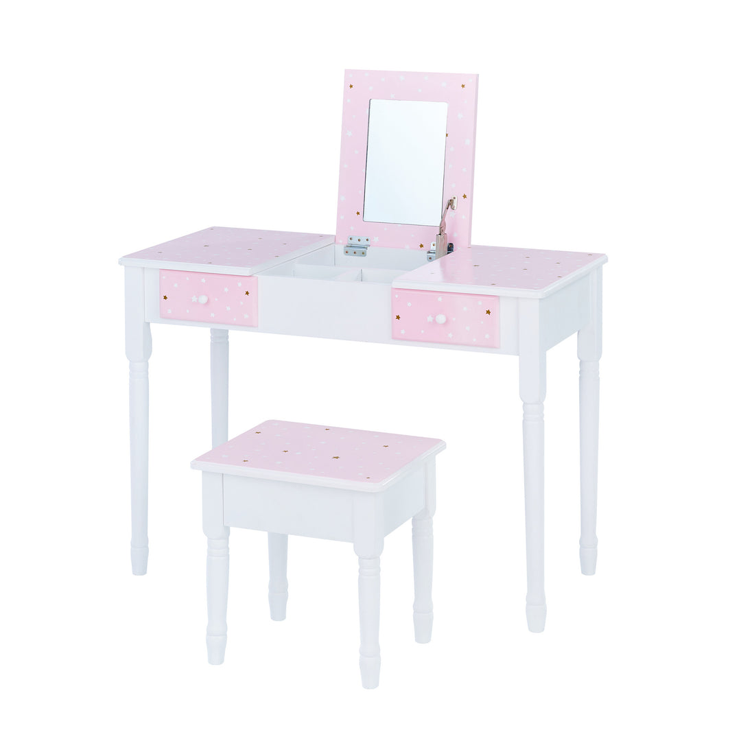 A Fantasy Fields Kids Kate Twinkle Star Vanity Set with Foldable Mirror and Chair in pink and white.